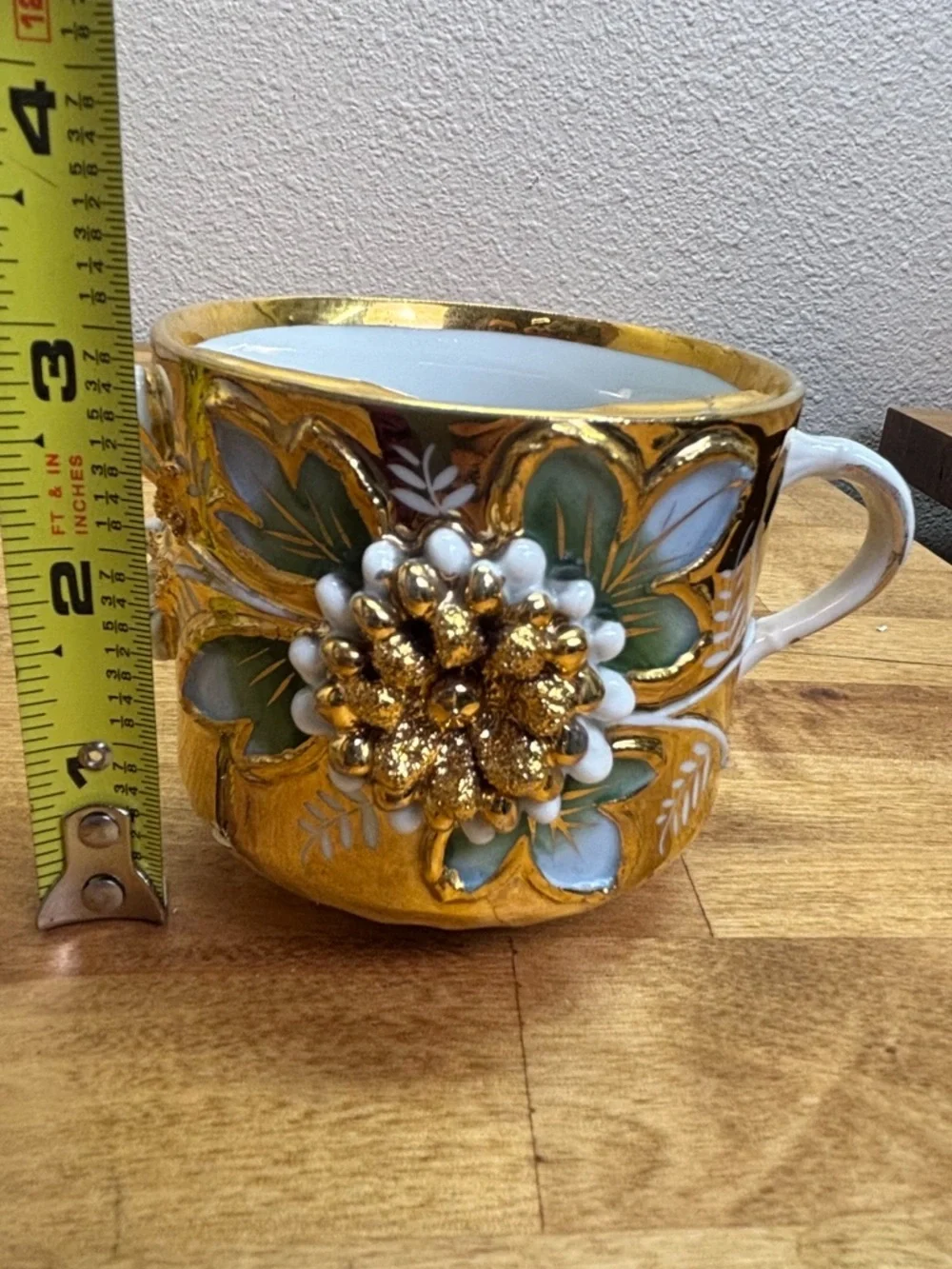 Antique German Gold Luster Mustache Cup & Tea Cup Set 3D Applied Flower 1890s